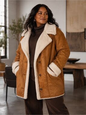 Lane Bryant Tan Faux Suede Shearling Coat Warm Size 18/20